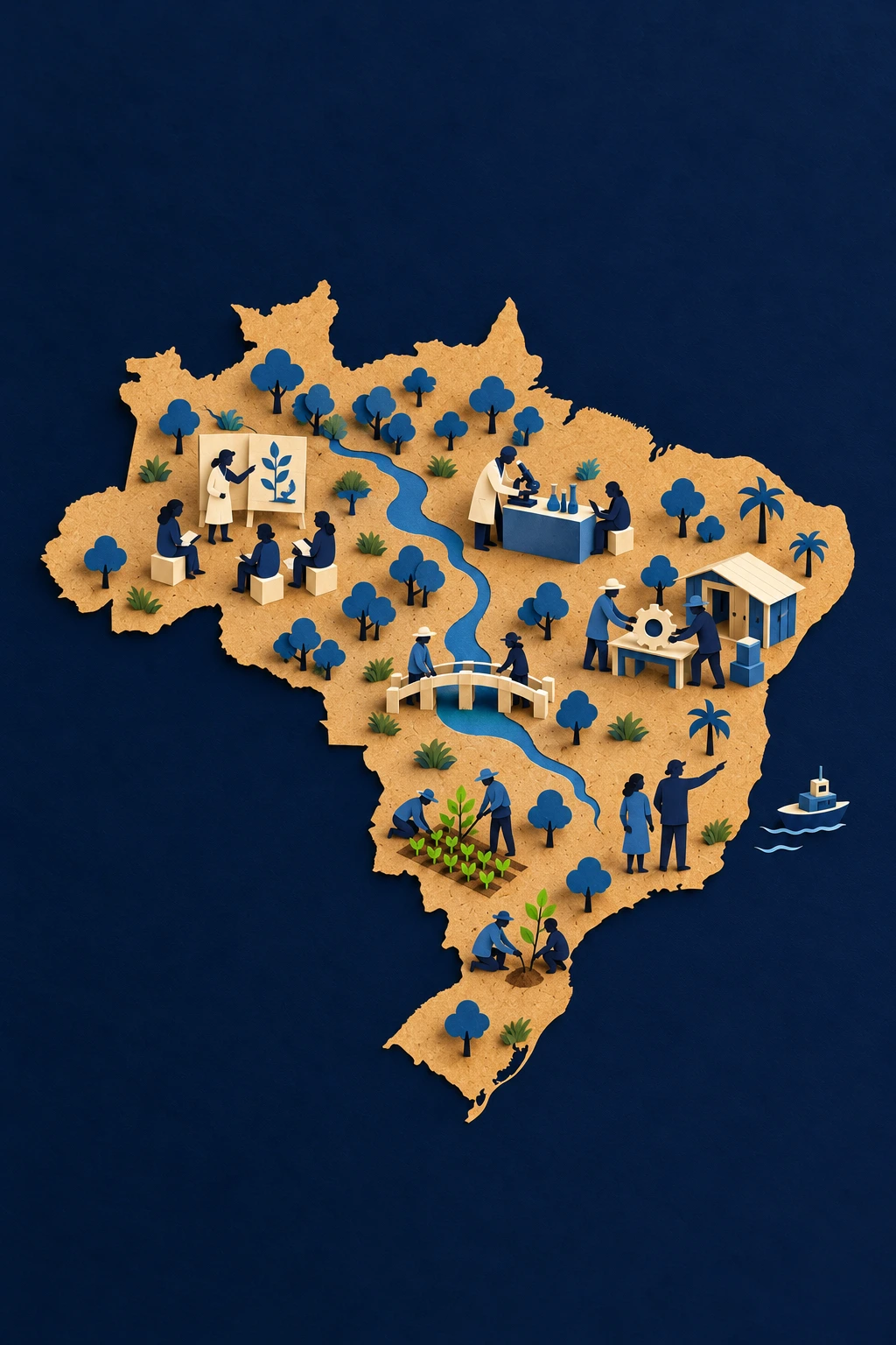 Mapa do Brasil em papel, com pessoas aprendendo, pesquisando e produzindo juntas.