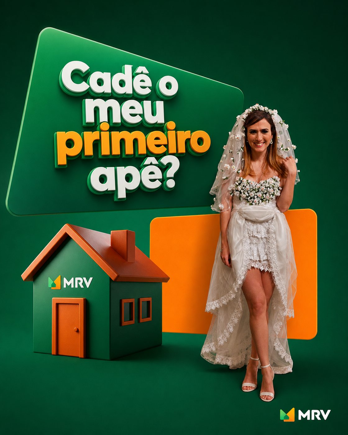 Campanha Cadê o meu primeiro apê da MRV com Tatá Werneck ao lado de uma casa